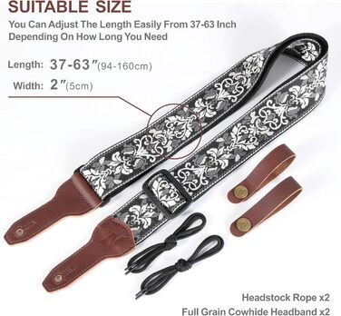 Гітарний ремінь Nefelibata Banjo-Gurt, 5,1 см, повна шкіра телятини, біла вишивка квітів