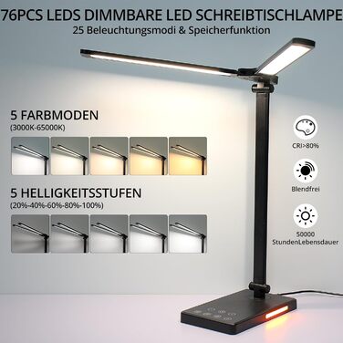 iVict LED лампа для столу з регульованими Swing Arms, 5 режимів, сенсорне керування, таймер, USB-порт, пам'ять, для дітей, білий колір