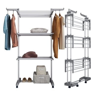 Сушарка для білизни тур-тип на коліщатках, сіра. Розкладна конструкція, 6 крил, 2 бічні крила, для дому та вулиці