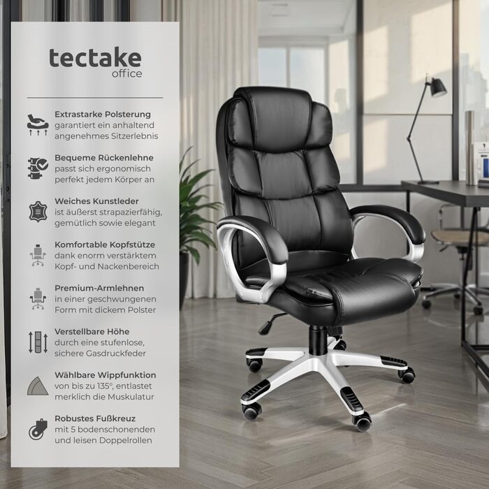 Офісне крісло tectake® з підлокітниками, регулюванням висоти та функцією гойдання, чорне, з підкладкою 12 см, оббивка під шкіру