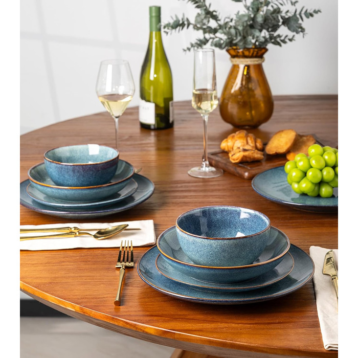 GBHOME Набір посуду з кераміки, 24 частини (12-ти та 24-ти місний), ручної роботи, реактивна глазур, тарілки та миски, стійкий до сколів та тріщин, придатний для миття в посудомийній машині та використання в мікрохвильовці, білий колір (Ceylon Blau)