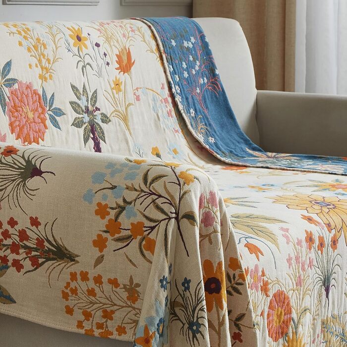 Богемна ковдра Boho 100% бавовна, м'яка ковдра з мусліну, плед 150x200 см, ковдра на диван та ліжко, декоративна ковдра, літня ковдра для вітальні, зелено-бежева (200 x 230 см, квітковий сад)