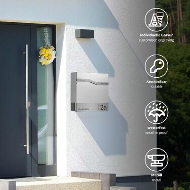 Поштова скринька біла з газетницею TRELLEBORG (RAL 9016), персоналізована, з цинкової сталі з іменем сім'ї, вулицею та номером будинку + комплект для монтажу (2 прізвища + вулиця + номер)