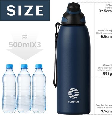 Термопляшка Fjbottle Edelstahl 1.5л синя: спортивна, з магнітною кришкою, BPA-free, для школи та фітнесу