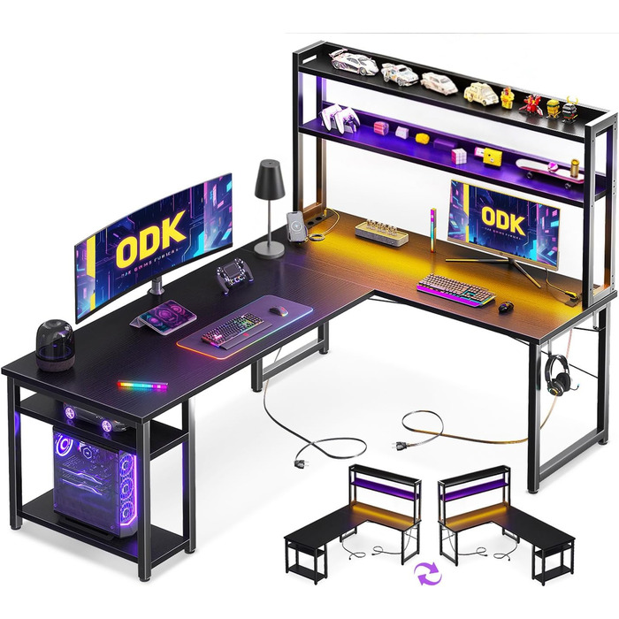 Ігровий стіл ODK L-подібний з LED-підсвіткою, розетками та полицею для фігурок, 150×120 см, чорний