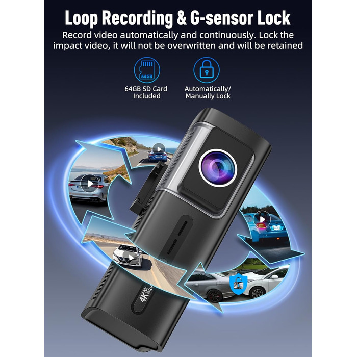 Автомобільний відеореєстратор 3-в-1 (передній, внутрішній та задній), 4K+1080P+1080P, 5GHz WiFi, IPS екран 3.16