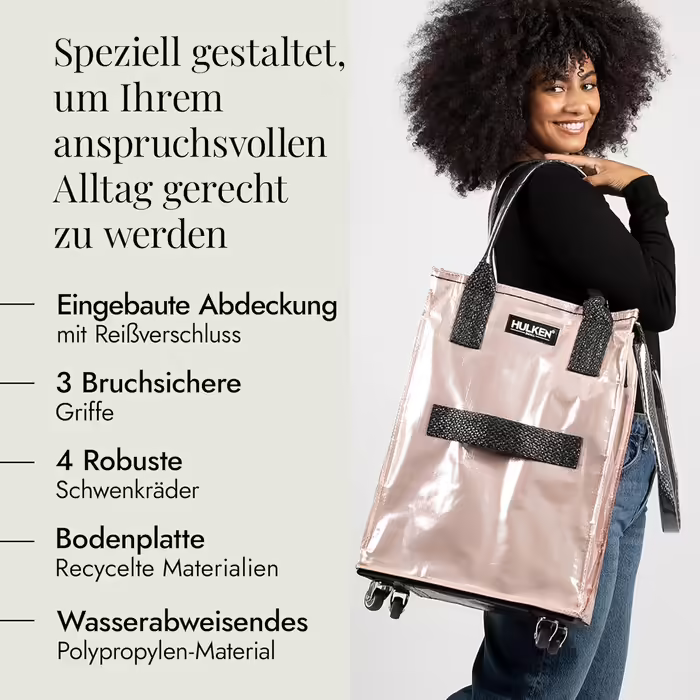 HULKEN - (Small, Rose Gold) Reusable shopping bag on wheels. The shopping cart can carry up to 30 kg, has sturdy handles, a zipper, and is flat, lightweight, and foldable.