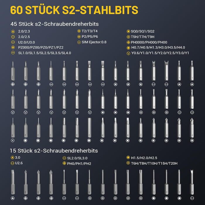 PHALANX 60-в-1 Міні Електродриль з LED-підсвічуванням, Магнітний, з Регульованим Моментом - Для Ремонту Мобільних Пристроїв, Комп'ютерів, Годинників, Окулярів, Планшетів