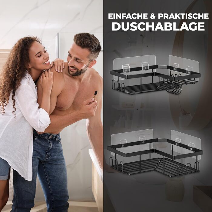 Настінна поличка для душу без свердління - 2 шт. | Дзеркальна | Чорна | Набір для зберігання в ванній кімнаті, органайзер для шампуню, душовий кошик