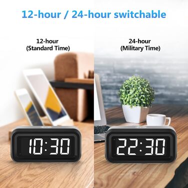 Цифровий будильник Timegyro з LED дисплеєм, акумуляторний, компактний, для подорожей та дому, 3 рівні яскравості, великий LED дисплей 1.2', чорно-білий