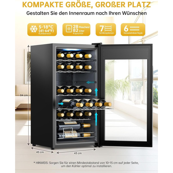 WIE 33 Liter Wine Fridge - 1 Zone Mini Wine Cooler with Glass Door & LED Touch Panel - Anti-UV Wine Storage for 28 Bottles