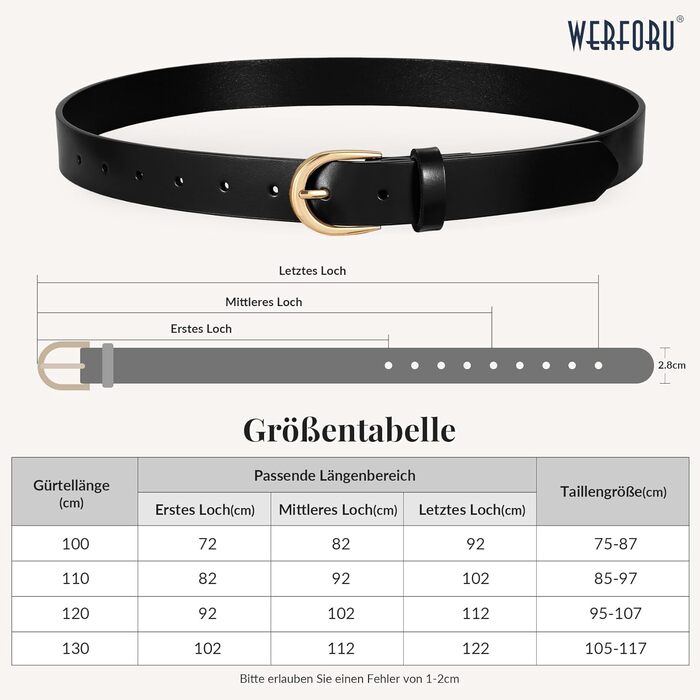 Жіночий шкіряний ремінь WERFORU для джинсів, спідниць та суконь з золотою пряжкою (чорний, 110 см, під талію 85-97 см)