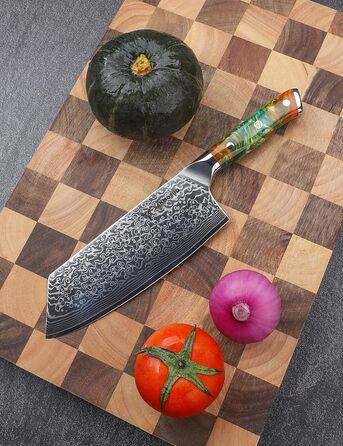 Японський ніж Nakiri Sanmuzuo Xuan Serie 19 см, Дамаск, VG10 сталь, ручка з гірської смоли (Dream Orange)