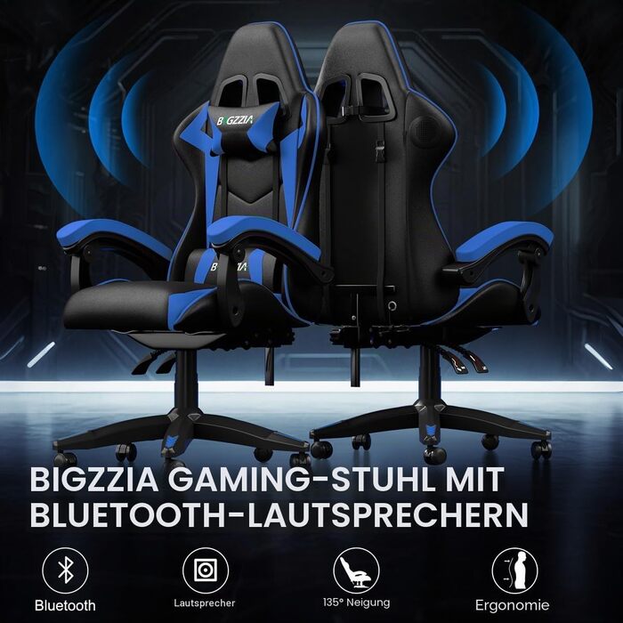 Ігрове крісло Bigzzia Gaming Stuhl з Bluetooth-динаміками, відкидний підголівник 90-135°, ергономічний дизайн (Синій)