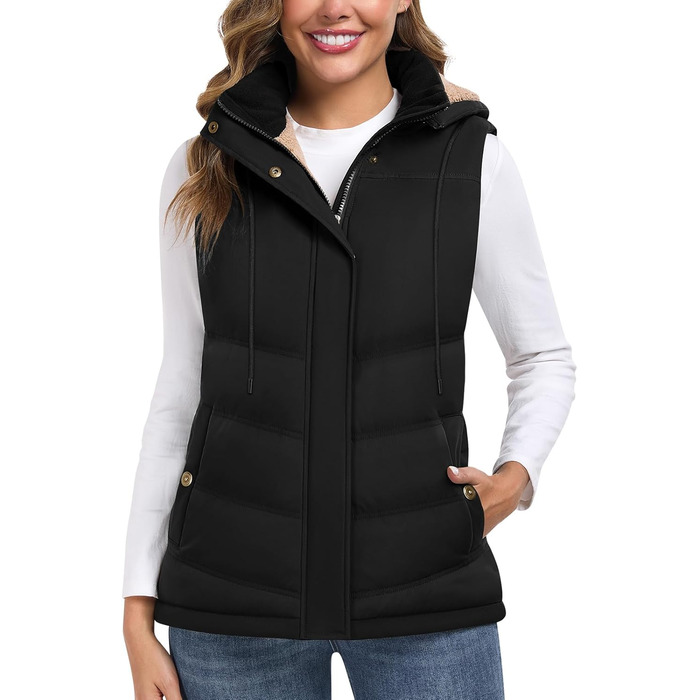 Жіноча жилетка Tuopuda з капюшоном, стеганий фліс, утеплена флісом, тепла зимова куртка без рукавів, термо жилетка, комір-стійка, жилетка з капюшоном, блискавка, осінь/зима, чорний колір, розмір L