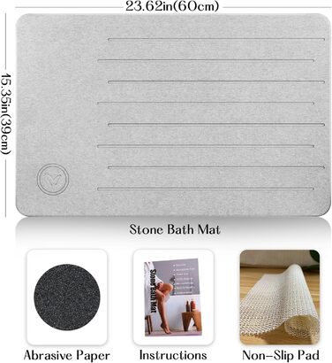 Amilutuo Badematte Stein, Diatomite Stone Bath Mat, Non-Slip Stone Bath Mat, Quick-Drying Stone Bath Mat Light Grey 60 x 39 CM