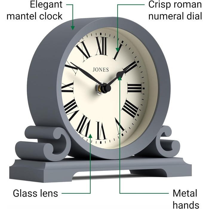 JONES CLOCKS® Saloon Table Clock | Traditional Double-Scroll Design |  | Roman Numerals | Classic style for desk, table, shelf or bedside table. (French Navy)