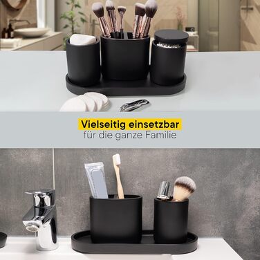 DELUXXOO® Набір аксесуарів для ванної кімнати 6 шт. чорний матовий: органайзер, диспенсер для мила, мильниця, стакан для зубної щітки, піднос, ящик для зберігання