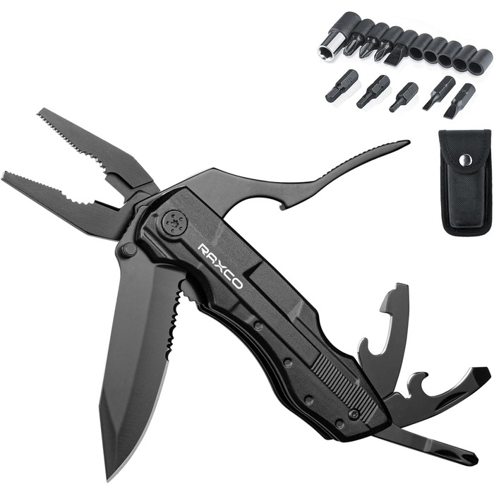 Мультитул RAXCO 18-в-1: компактний інструмент для виживання на природі (затискач, ніж, відкривачка, викрутка) для полювання та риболовлі, чорний
