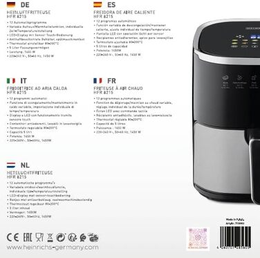 Фритюрниця повітряна HEINRICHS 9 літрів XXL, 10-в-1, LED-дисплей, 1800W, для здорового харчування