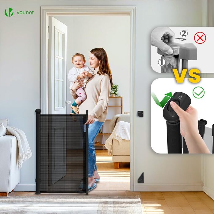 Захист для дитячих воріт, розтяжний, 0-180 см, Vounot. Захист від падіння для дітей, котів та собак. Чорний колір