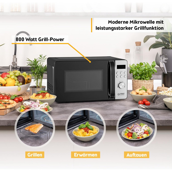 Мікрохвильова піч з грилем TZS First Austria 20L - 2-в-1, 700/800W, 8 програм, LED-дисплей, нержавіюча сталь, захист від дітей, чорний