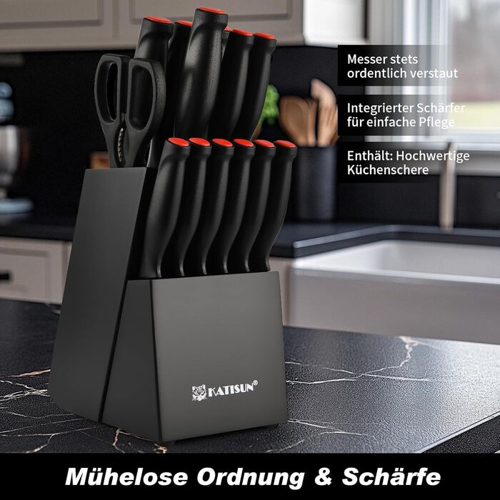 KATISUN 16-Piece Japanese Steel Knife Set with Block - Includes Sharpener, Cutting Board & Kitchen Shears - Durable Titanium Coated Kitchen Knife Set for Chopping, Slicing & Dicing