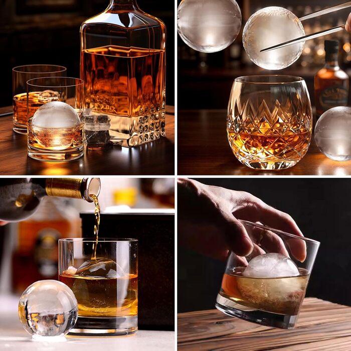 MIFXIN Silicone Ice Cube Mold Set, spherical ice cube mold, whiskey ice ball maker, reusable, transparent, for whiskey, cocktails, cold drinks (4 large balls)