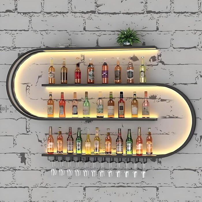 Настінна вітрина для вина, напівкругла багатоярусна з гачками для келихів, металева вітрина для винних пляшок, для кухні, бару, кафе (без лампочок) (Чорний, 120 * 20 * 120 см)