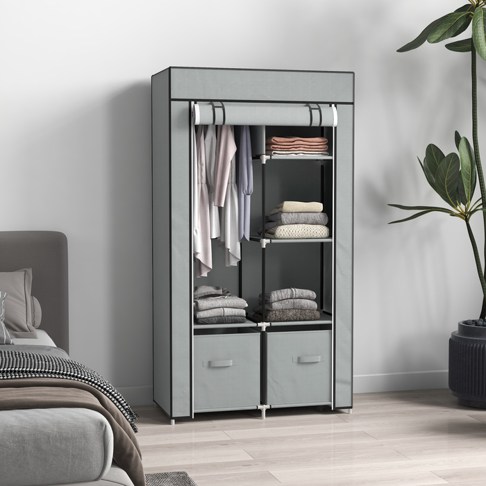 HOMCOM Fabric Closet, Space-Saving Wardrobe with 5 Compartments & Clothes Rail, Zipper, Folding Closet in Light Grey