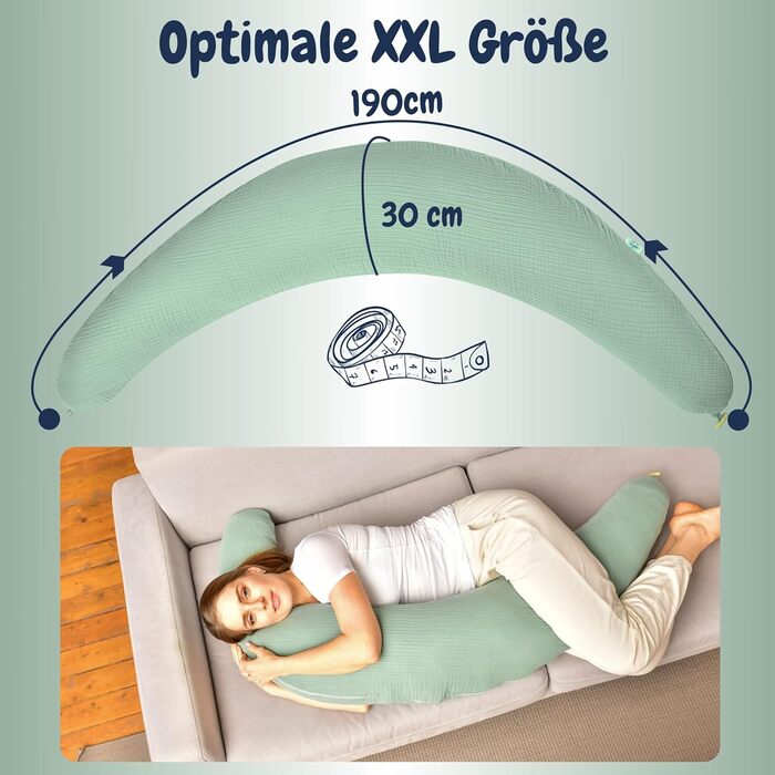 sei Design XXL Pregnancy Pillow Microbeads 190x30 - Pregnancy Pillow Side Sleeper Pillow Baby Comfort Pillow Adult - Ergonomic with Cotton Muslin Natural Cover